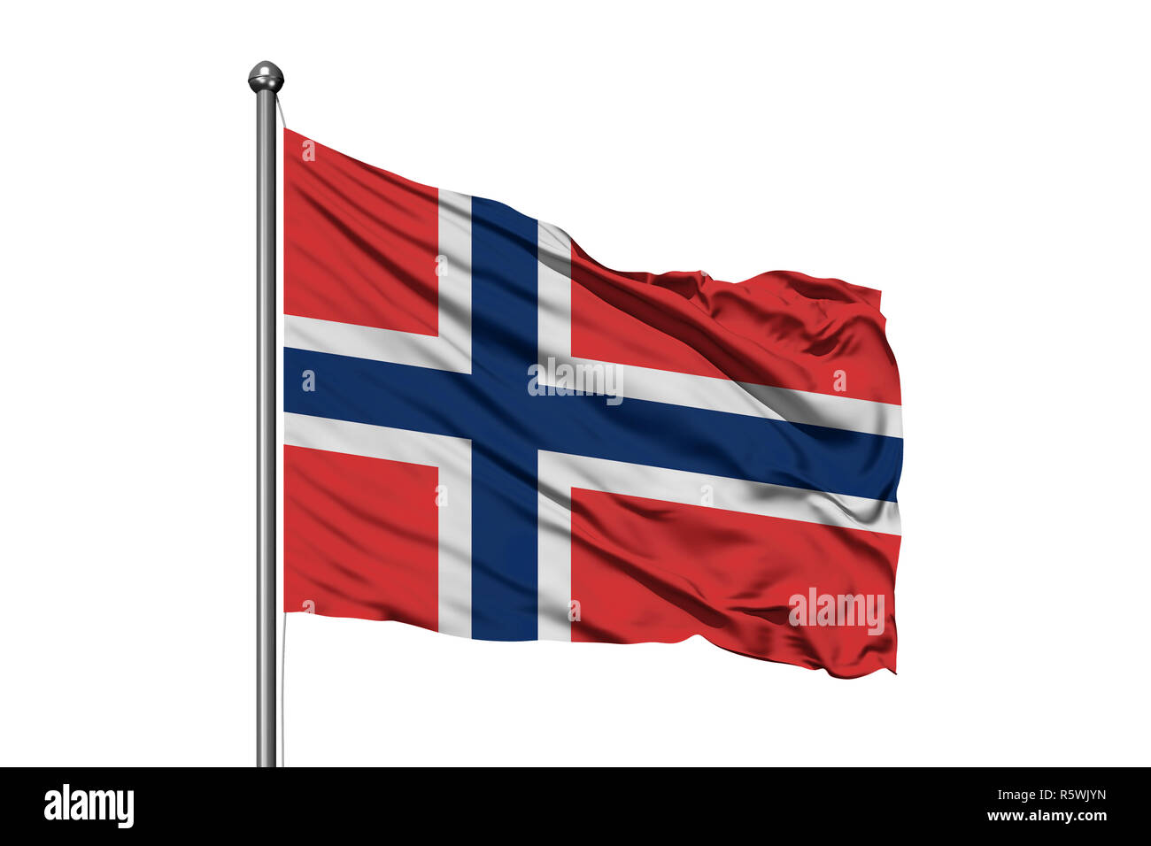 Flag of Norway waving in the wind, isolated white background. Norwegian ...