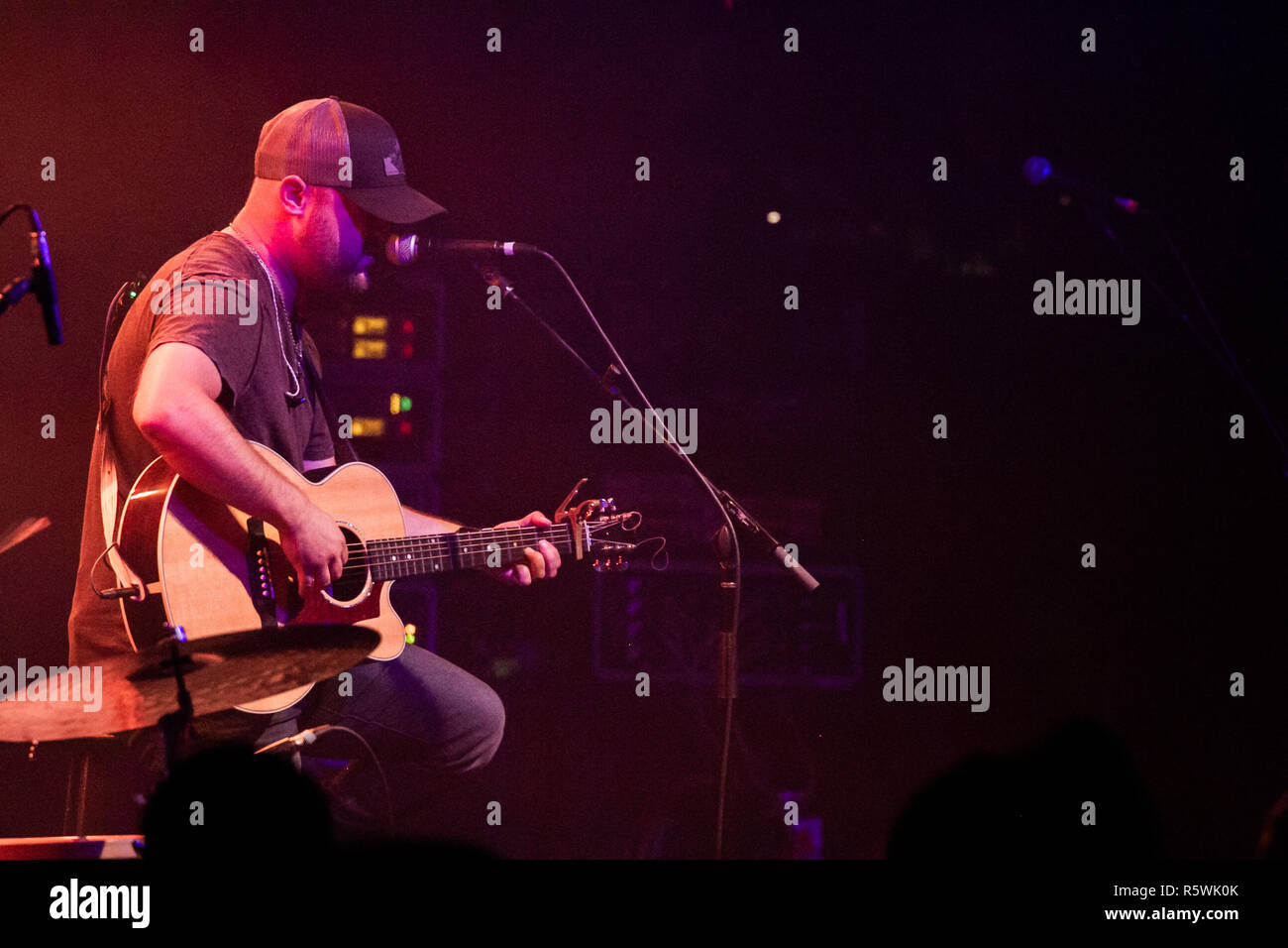 Aaron Goodvin seen performing at the Commodore Ballroom in Vancouver. 2018 Canadian Country Music Association Roots Artist/Group of the year, 2018 group of the year returned home to the Commodore Ballroom in Vancouver for their last show of their Canada worldwide tour with Nice Horse Rising Group and 2018 Songwriter of the year Aaron Goodvin. Stock Photo