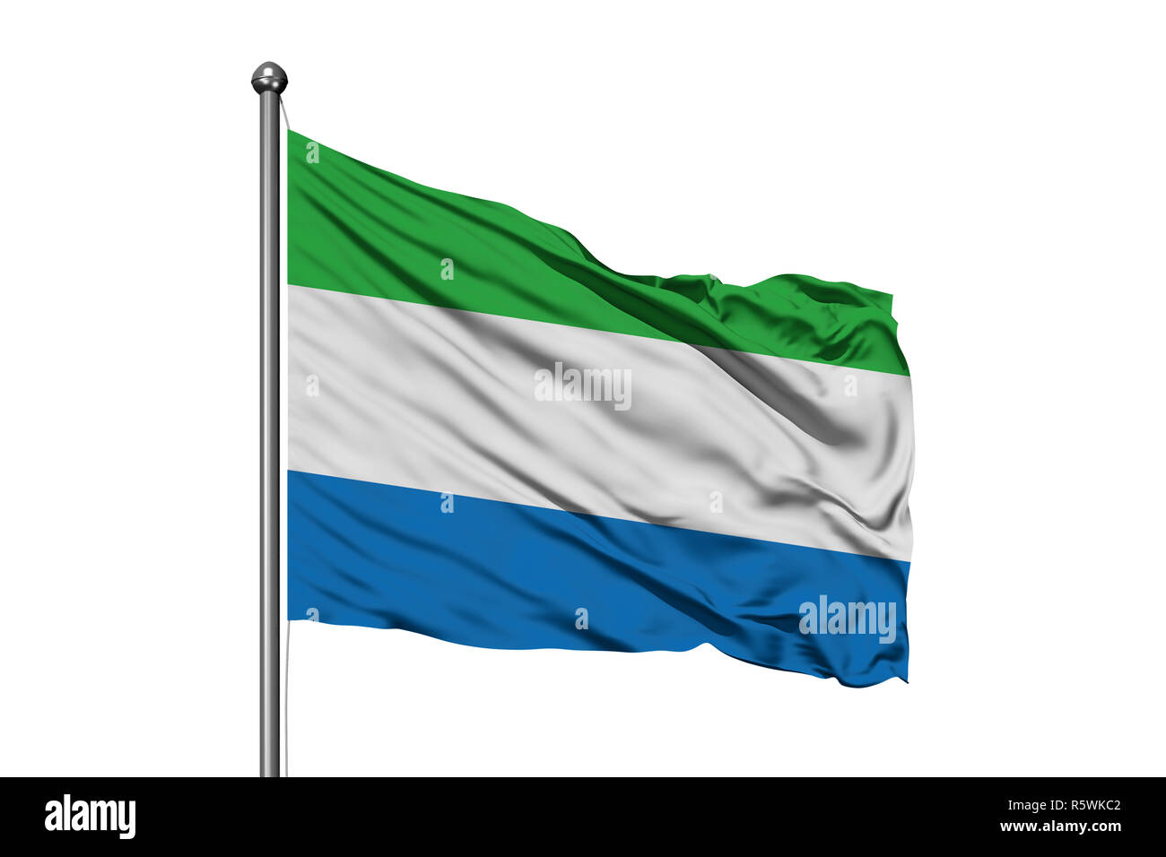 Flag of Sierra Leone waving in the wind, isolated white background ...
