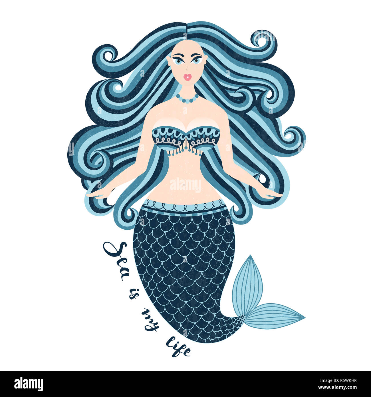 Mermaid. Hand drawn sea girl. Beautiful woman with tail. Marine summer design. Nixie with wild hair. Summertime Stock Photo
