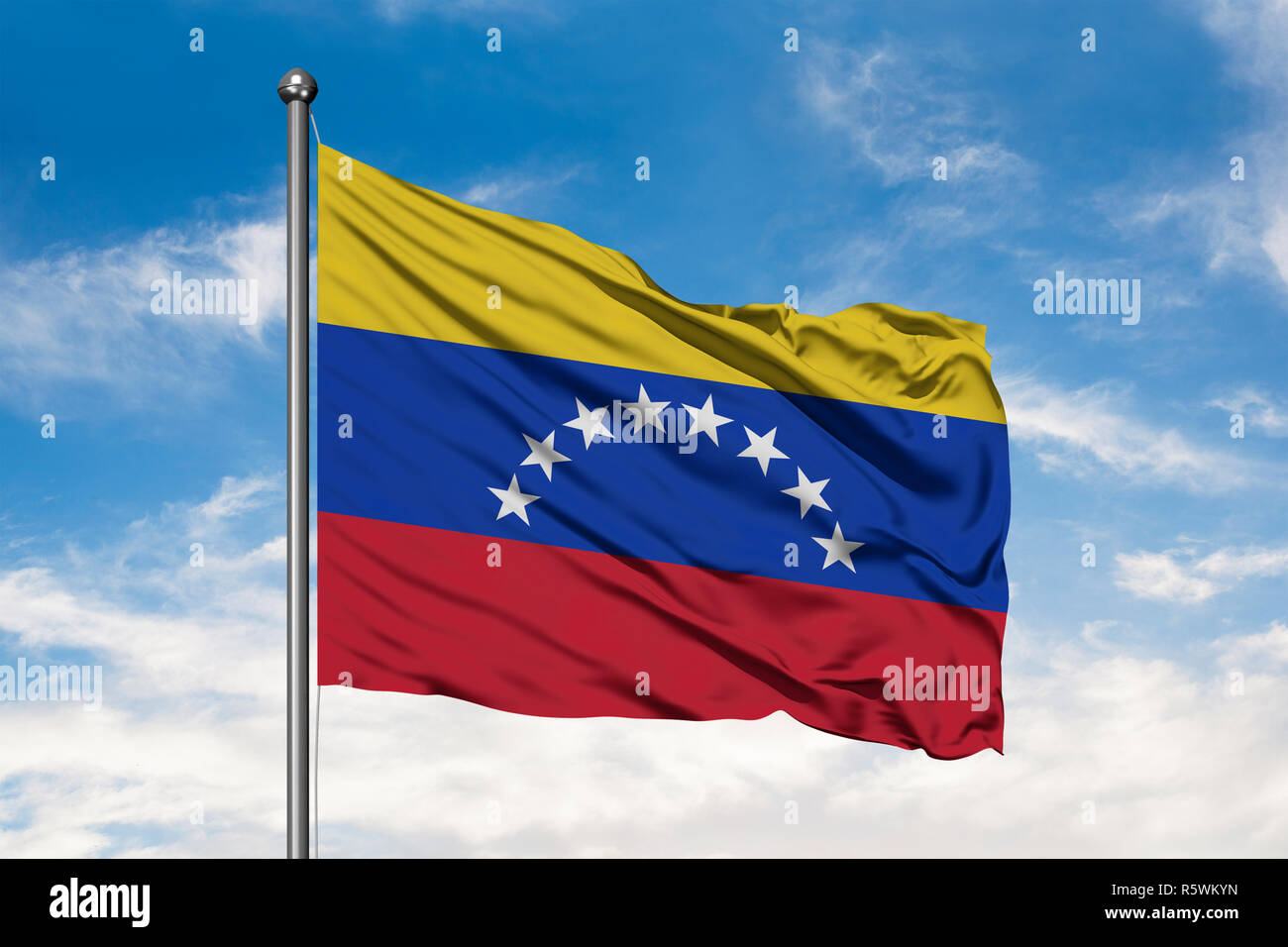 Flag of Venezuela waving in the wind against white cloudy blue sky ...