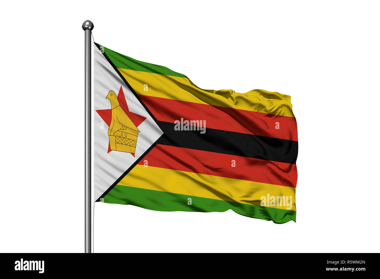 Flag of Zimbabwe waving in the wind, isolated white background