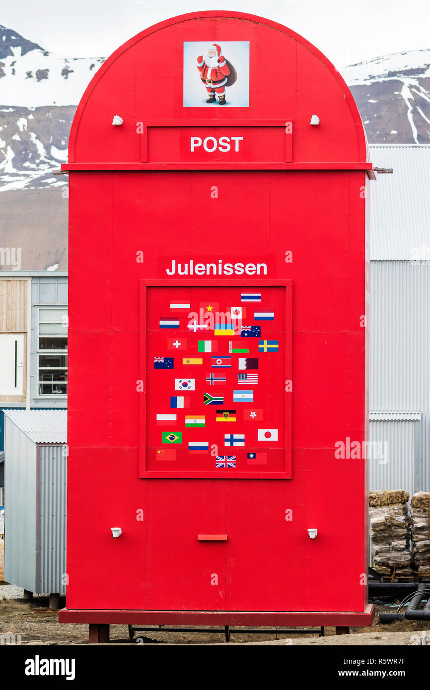 A Santa Claus mailbox sculpture in Longyearbyen, Spitsbergen, Svalbard Archipelago, Norway. Stock Photo