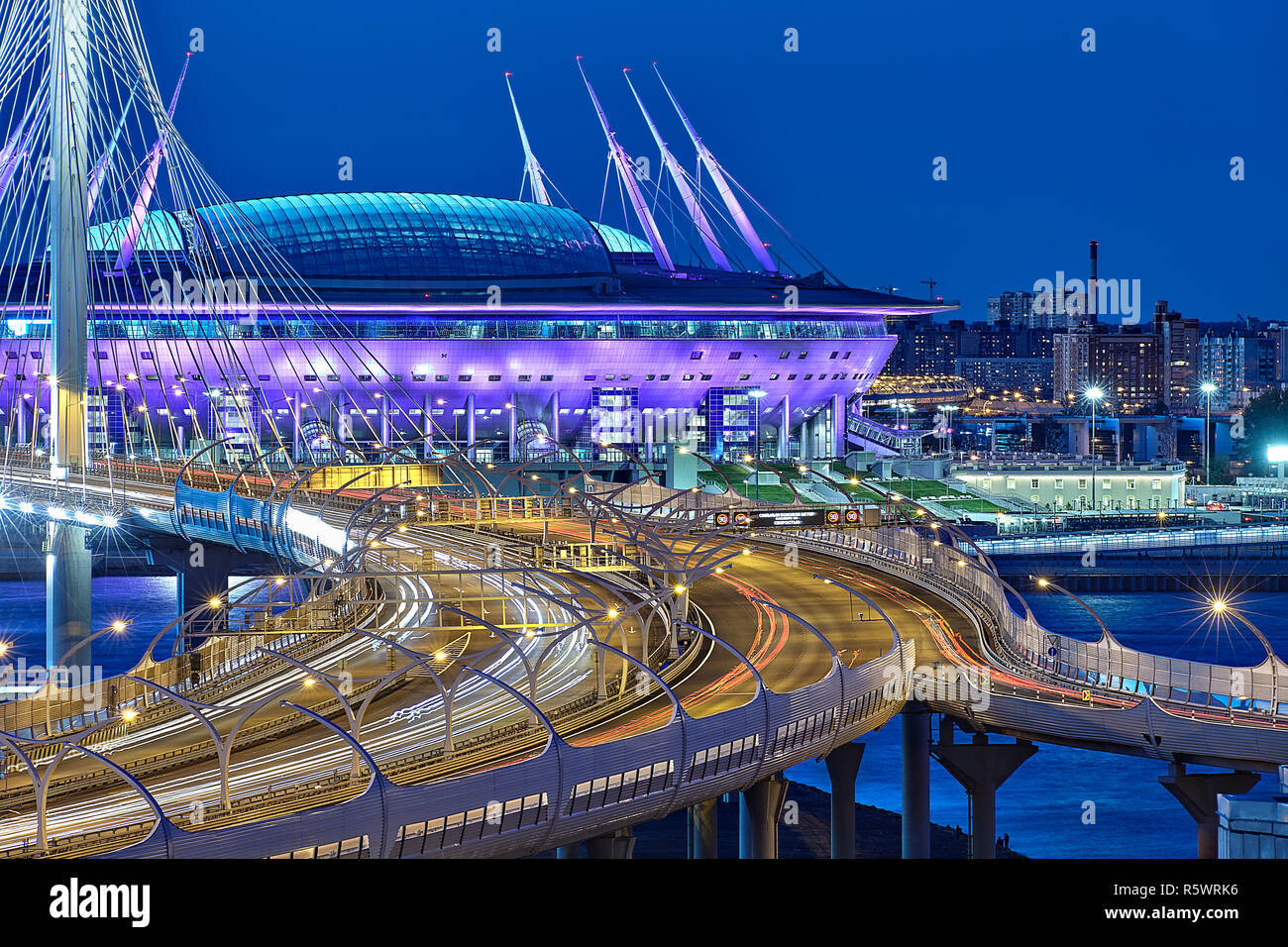 St. Petersburg, Russia - August 22, 2018: Saint Petersburg Arena and cable-stayed bridge over river Neva in blue hour. Stock Photo