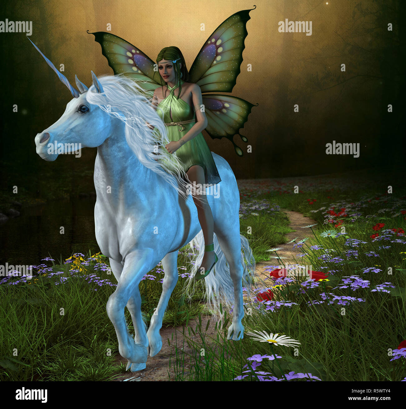 Forest Fairy and Unicorn Stock Photo