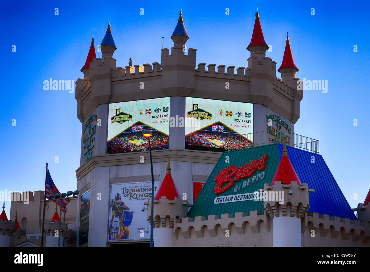 LCD advertising on a turret at the Excalibur hotel in Las Vegas, Nevada Stock Photo