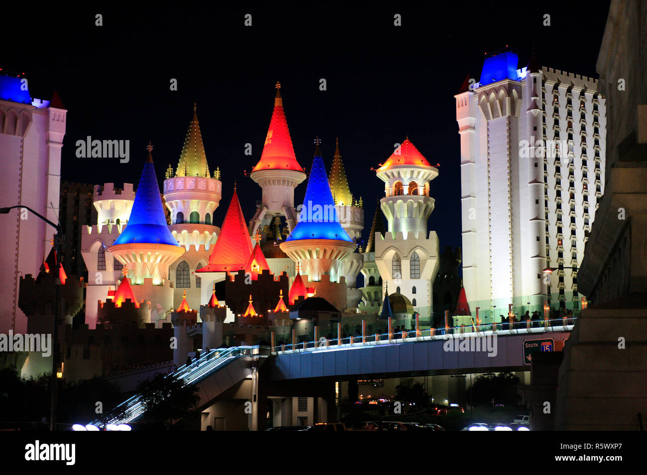 The Excalibur hotel at night, lit up like a fairytale castle in Las Vegas, Nevada Stock Photo