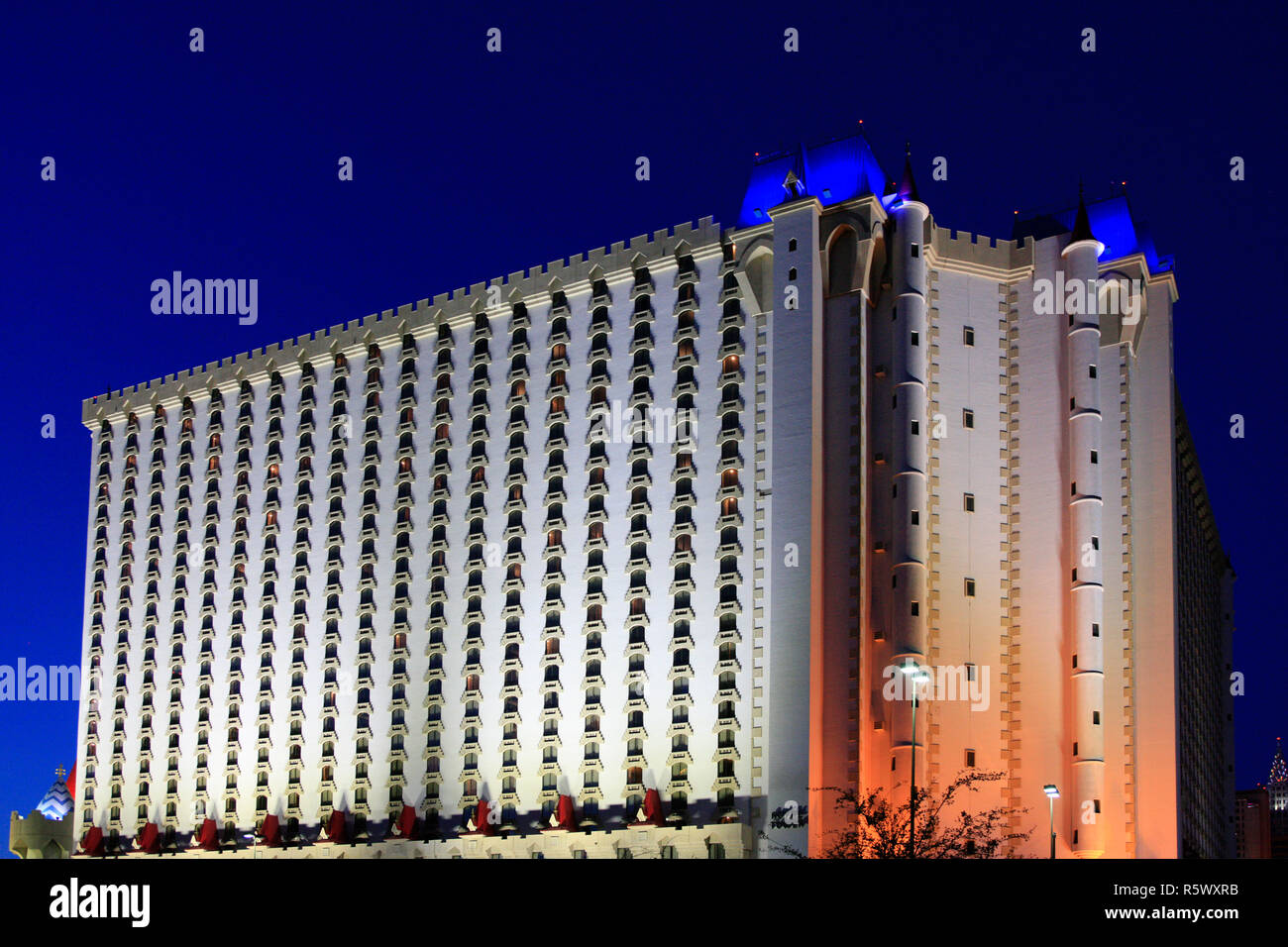 The Excalibur hotel at night, lit up like a fairytale castle in Las Vegas, Nevada Stock Photo