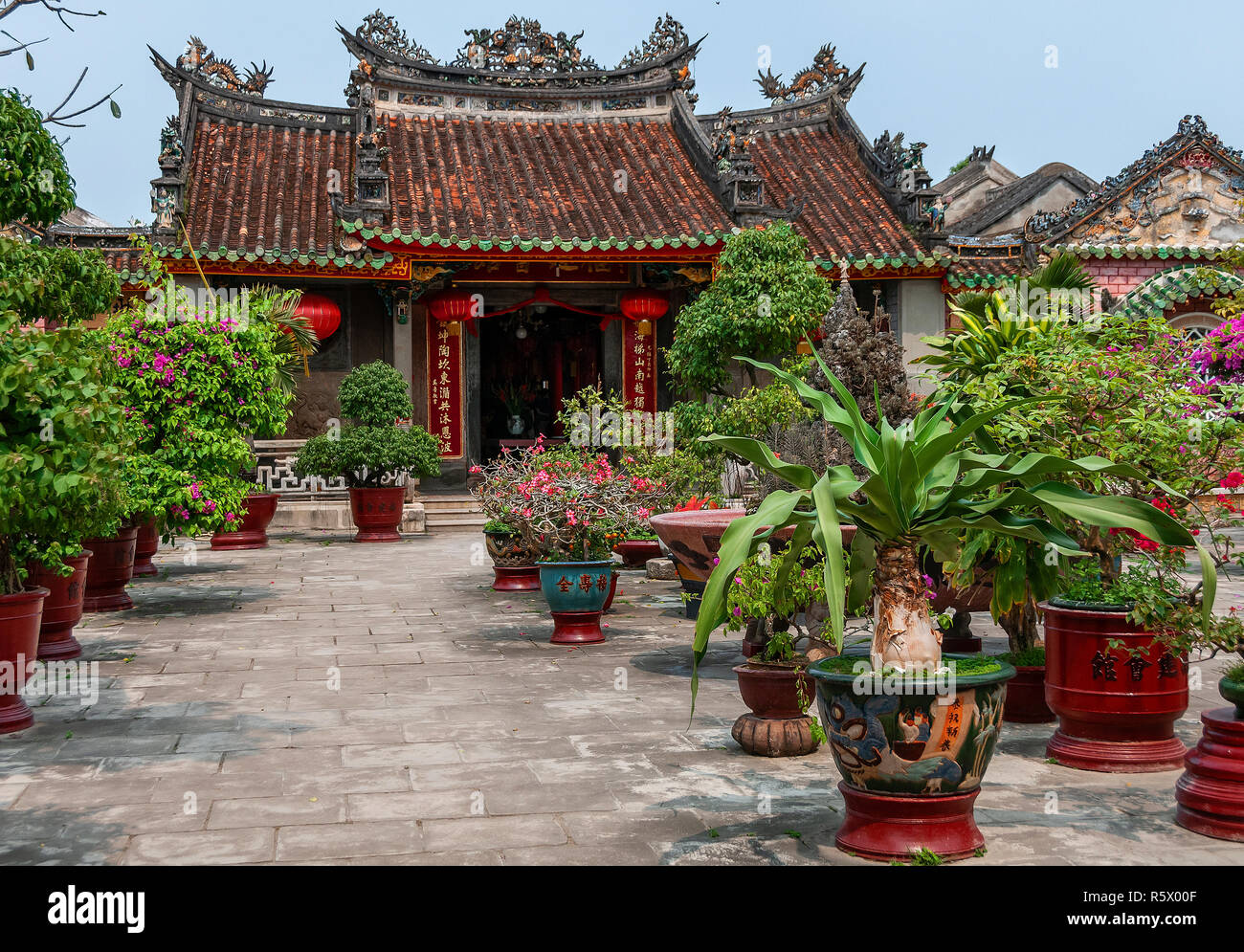Quang Trieu Assembly Hall also known as Cantonese Assembly Hall with many pot plants in the courtyard - Hoi An, Vietnam Stock Photo