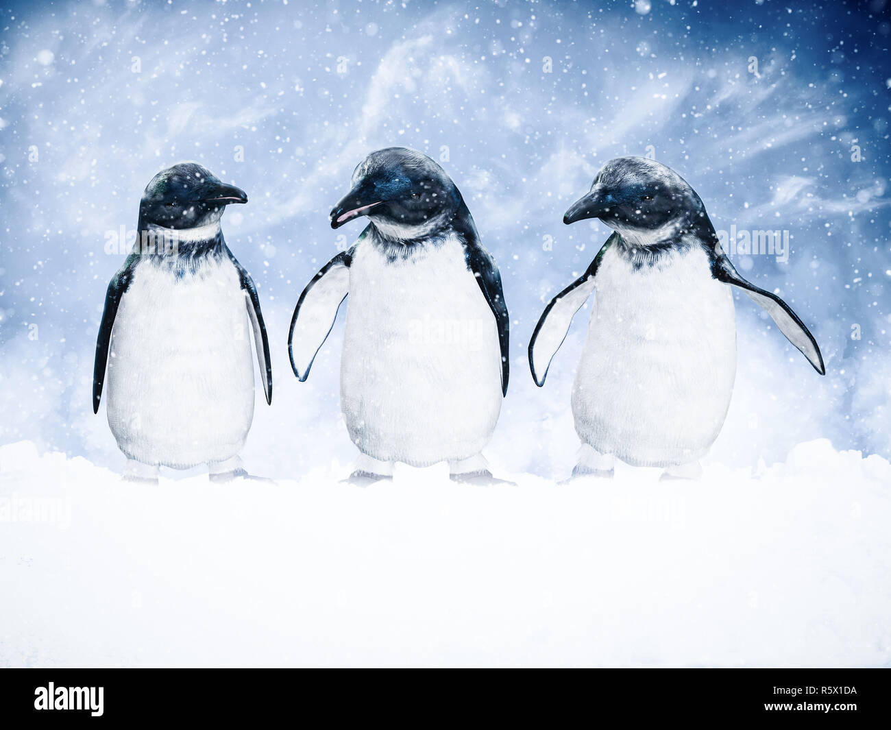 3D rendering of three penguins surrounded by magical snow. Stock Photo