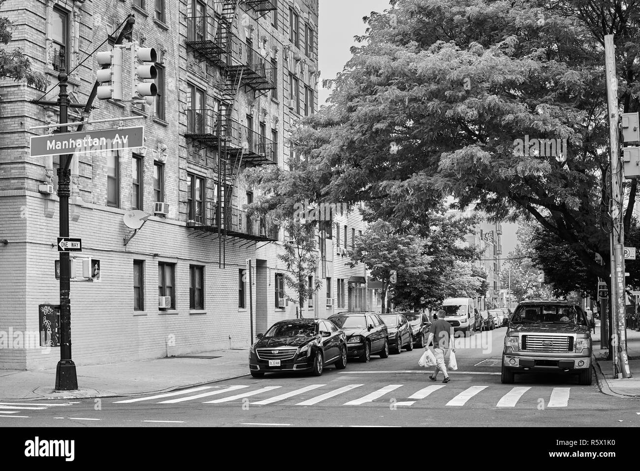 New York, USA - July 04, 2018: Pedestrian crossing at the Manhattan Avenue. Stock Photo