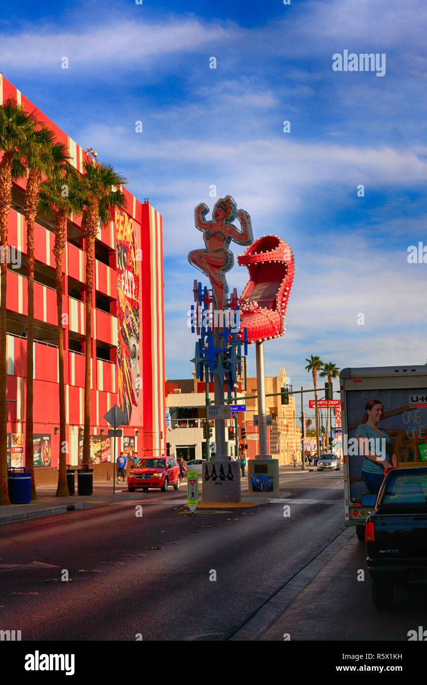Old neon lit Las Vegas signs on Freemont street in Downtown Las Vegas, Nevada Stock Photo