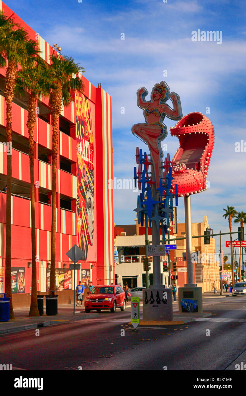 Old neon lit Las Vegas signs on Freemont street in Downtown Las Vegas, Nevada Stock Photo