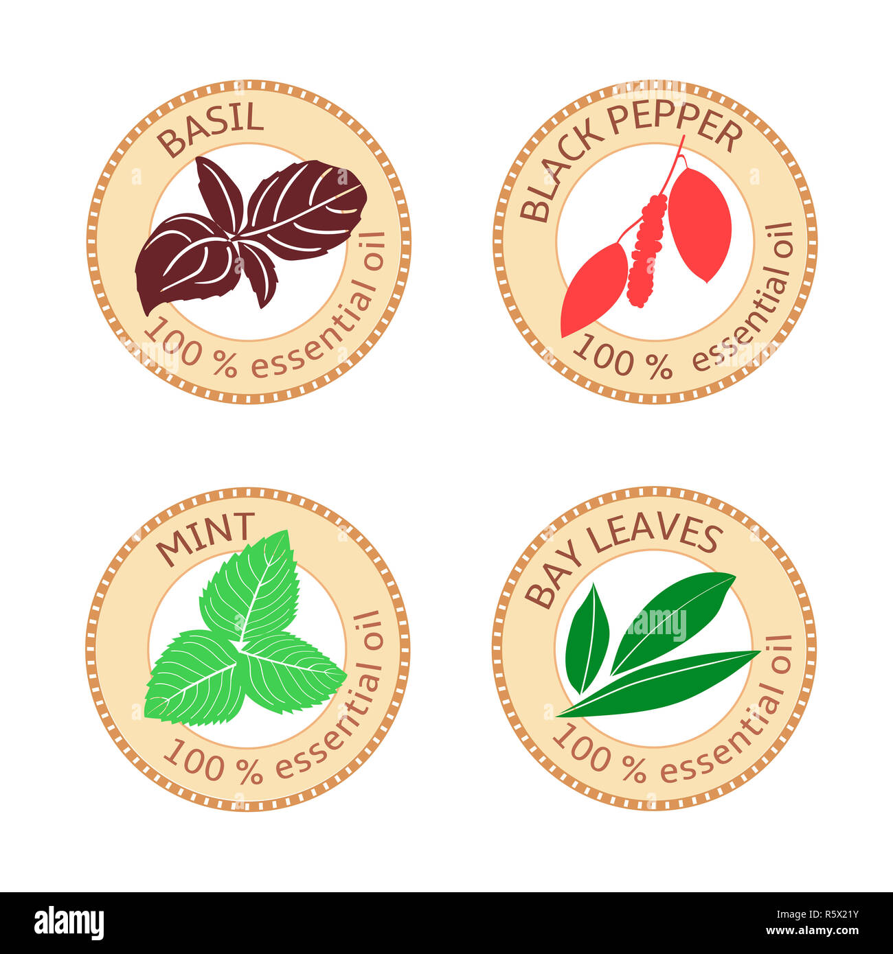 Set of flat essential oil labels. 100 percent. Bay leaves, basil, black