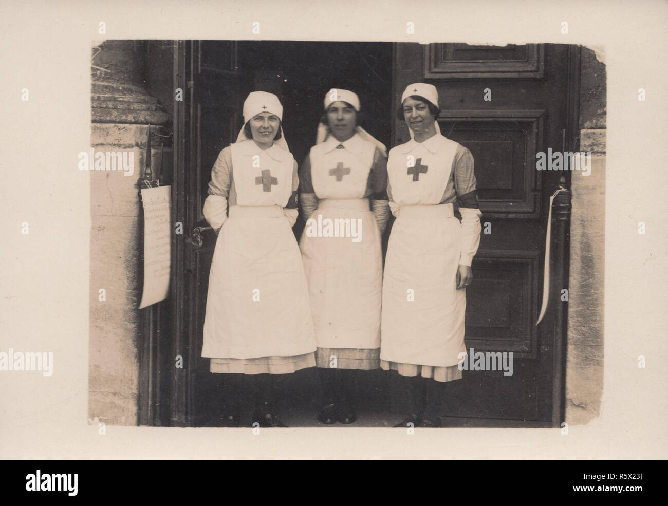 Vintage Trowbridge, Wiltshire Photographic Postcard Showing Three Red Cross Nurses in 1934 Stock Photo