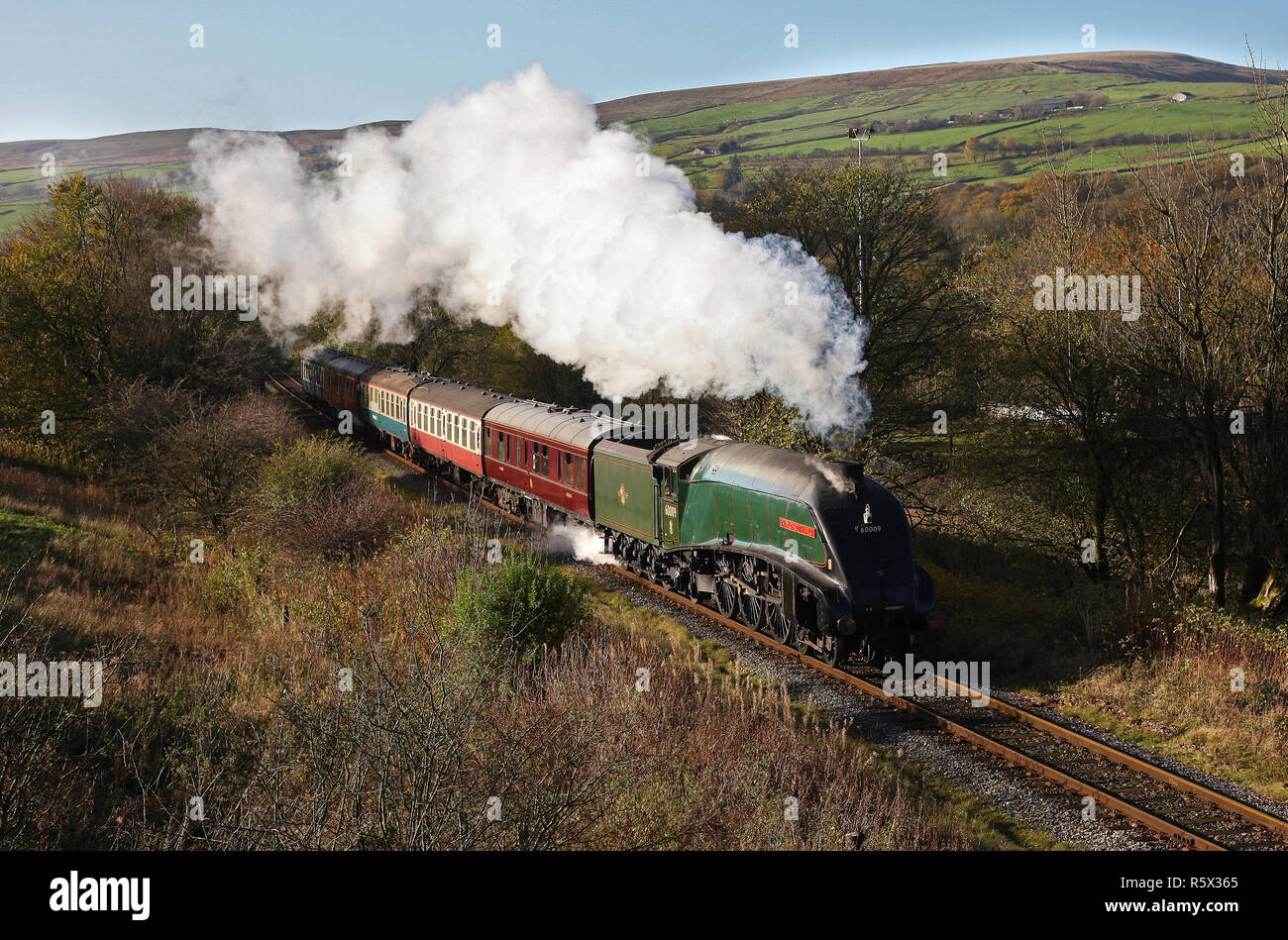 A4 60009 Union of South Africa heads past Ewood Bridge on the East Lancs railway. Stock Photo