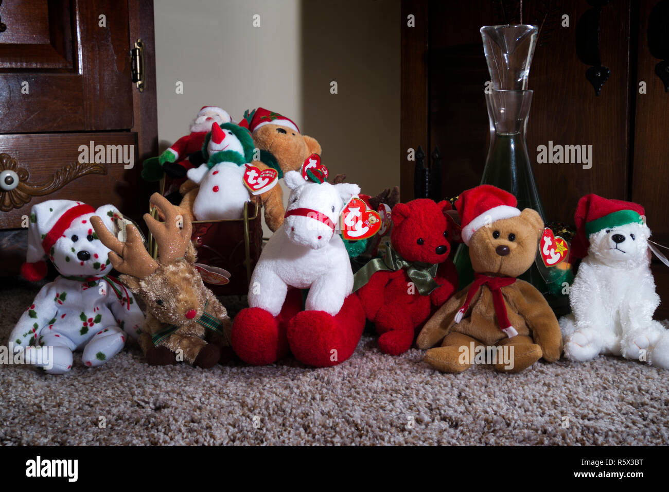 Display of Christmas themed Beany Babies. Stock Photo