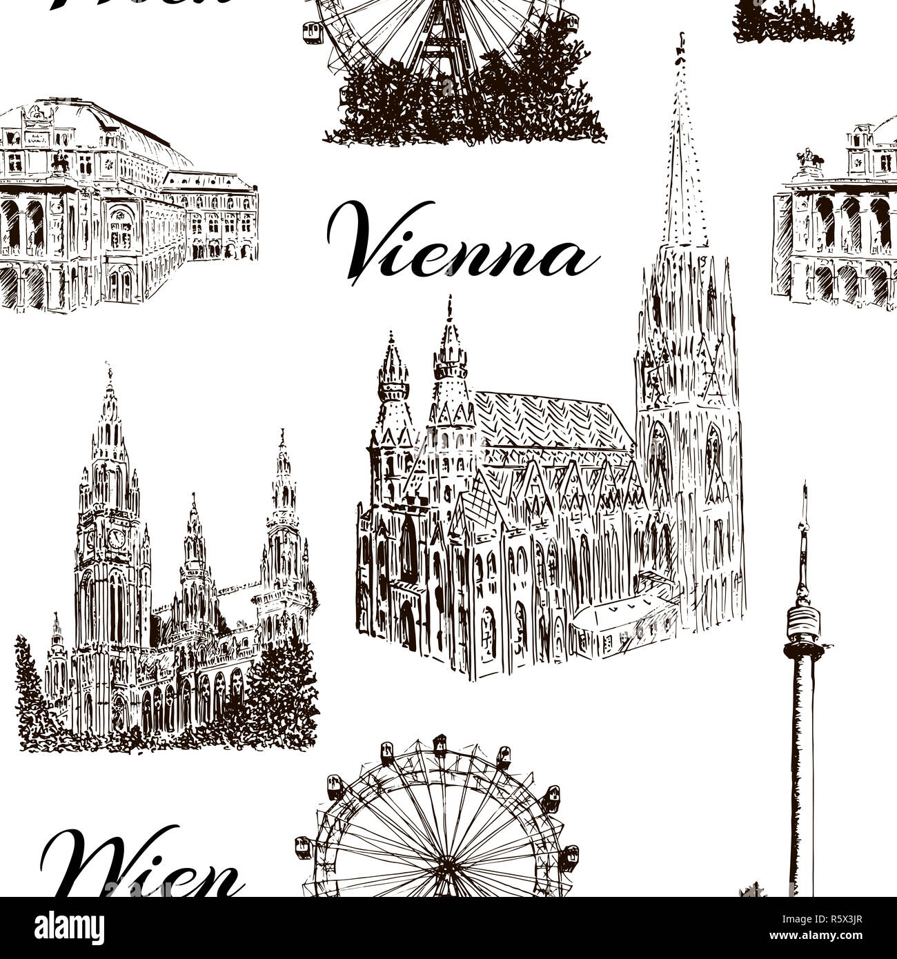 Set of Vienna symbols seamless pattern vector set. Donauturm, Stephansdom, Rathaus, Prater, Vienna State Opera House. Stock Photo