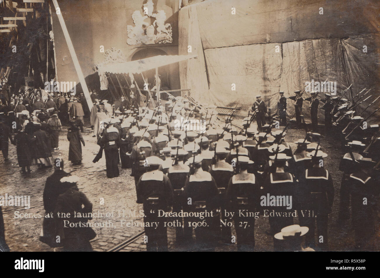 * Vintage 1906 Photographic Postcard Showing Scenes at The Launch of H.M.S.'Dreadnought' by King Edward VII, Portsmouth, Hampshire. Dated February 10th 1906. Stock Photo