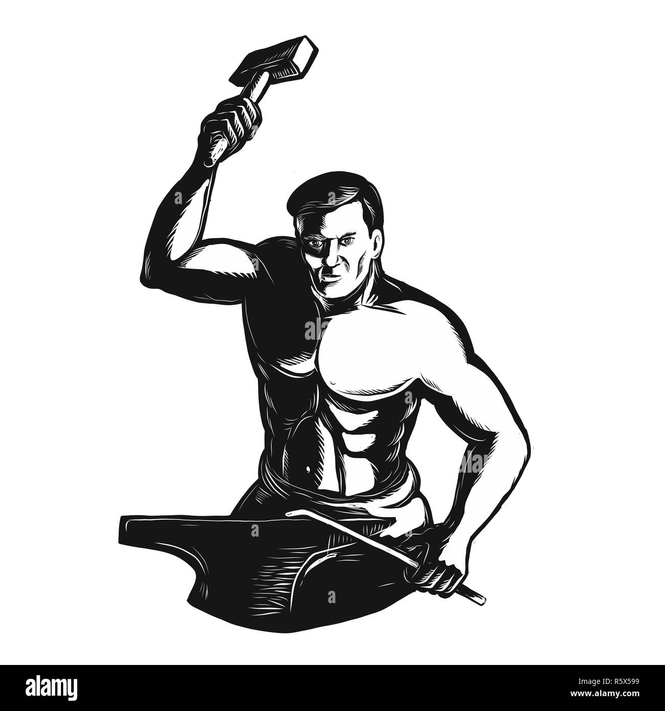 Blacksmith With Hammer Scratchboard Stock Photo Alamy