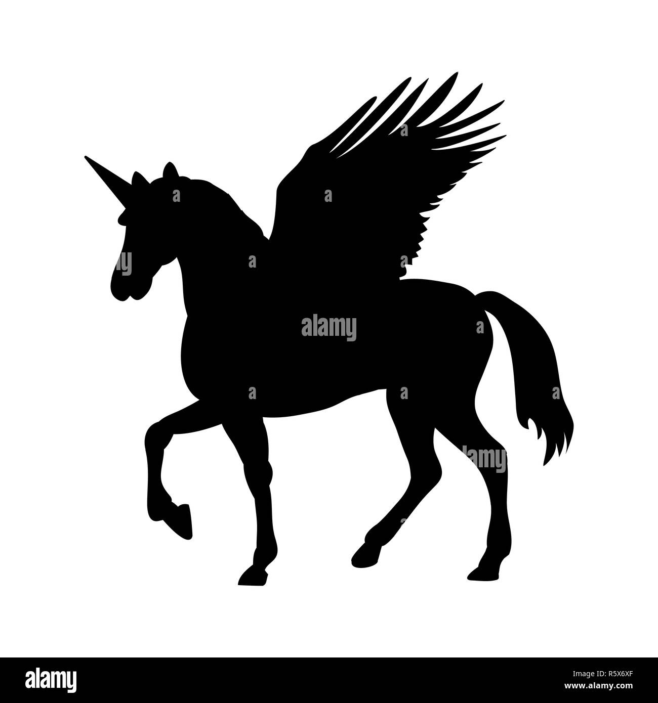 Pegasus Unicorn silhouette mythology symbol fantasy tale. Stock Photo