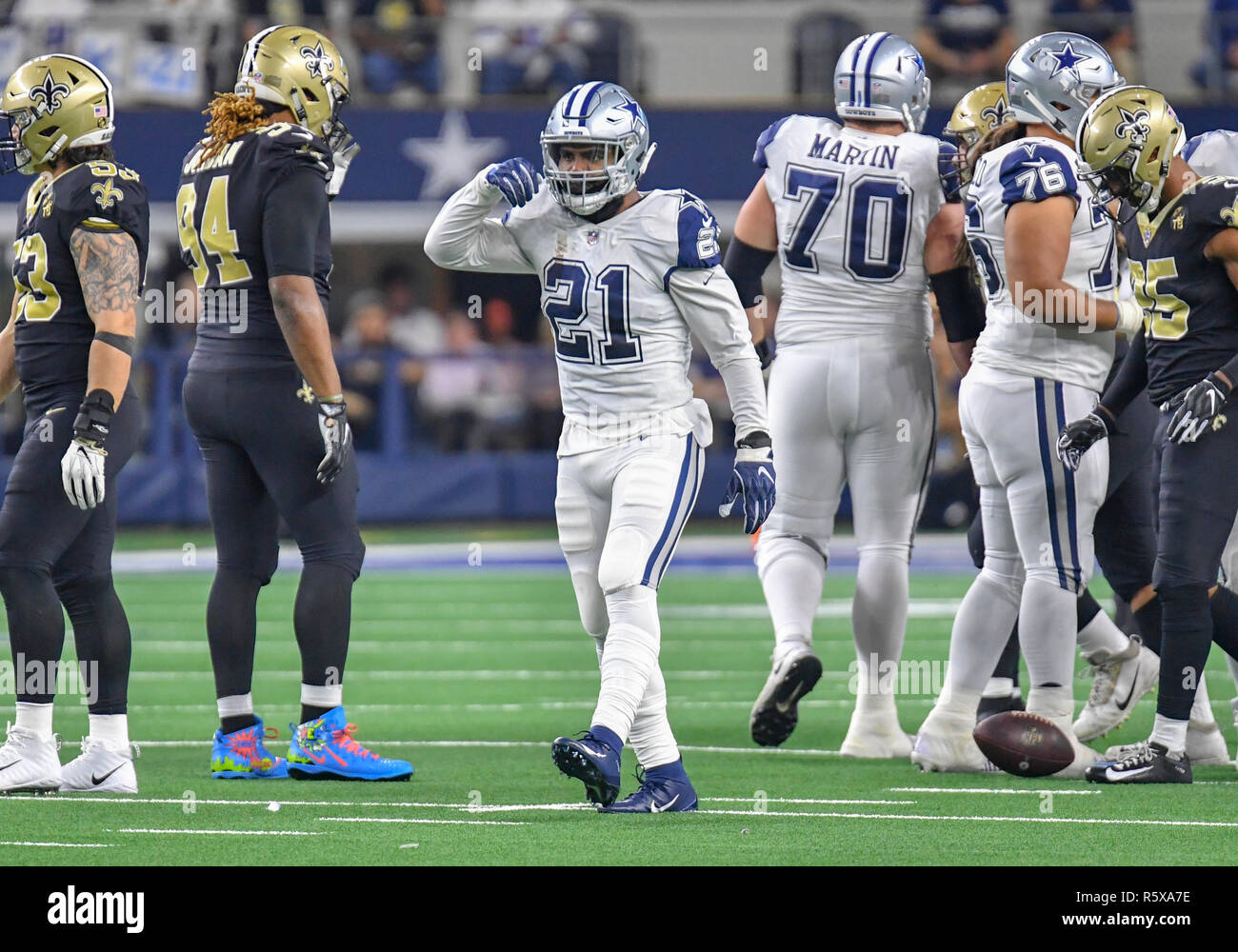November 29, 2018 Dallas Cowboys running back Ezekiel Elliott #21 does the Feed Me sign after making a first down during a Thursday Night Football NFL game between the New Orleans Saints