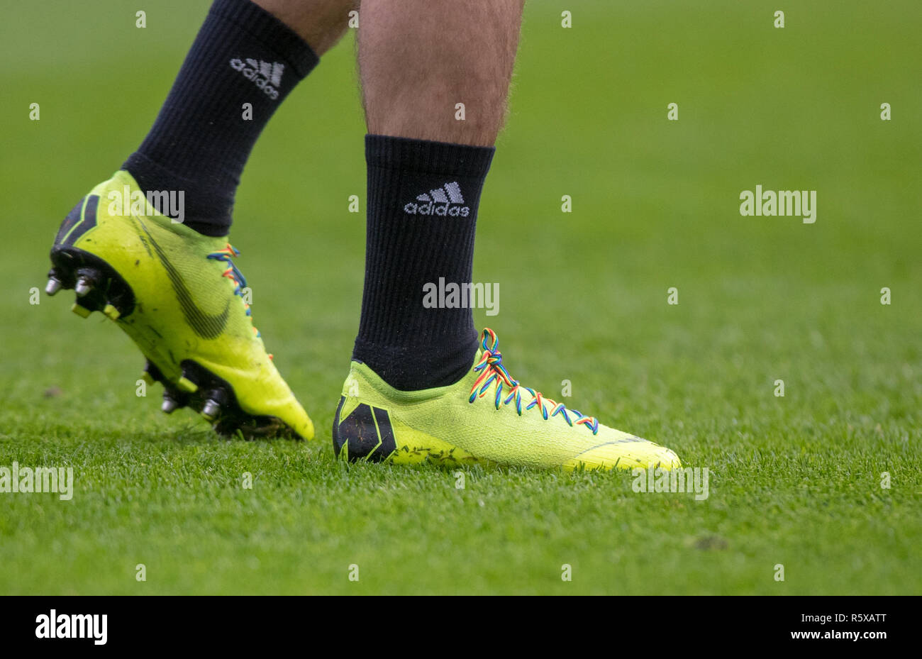 London, UK. 2nd Dec, 2018. London, UK. 2nd Dec 2018. The Nike mercurial  football boots of Joe Bryan of Fulham with rainbow laces in support of  Stonewall campaign supporting all LGBT people