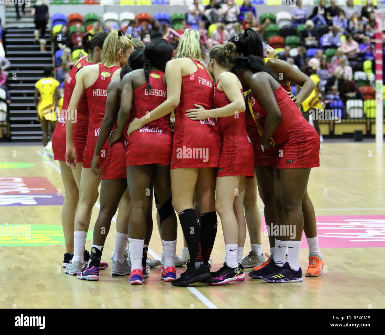LONDON, UK. 2nd Dec, 2018. Englands Vitality Roses Squad group on court ahead of the Vitality Netball International Series match between England and Uganda at the Copper Box Arena on December 2, 2018 in London, England, UK Credit: Grant Burton/Alamy Live News Stock Photo