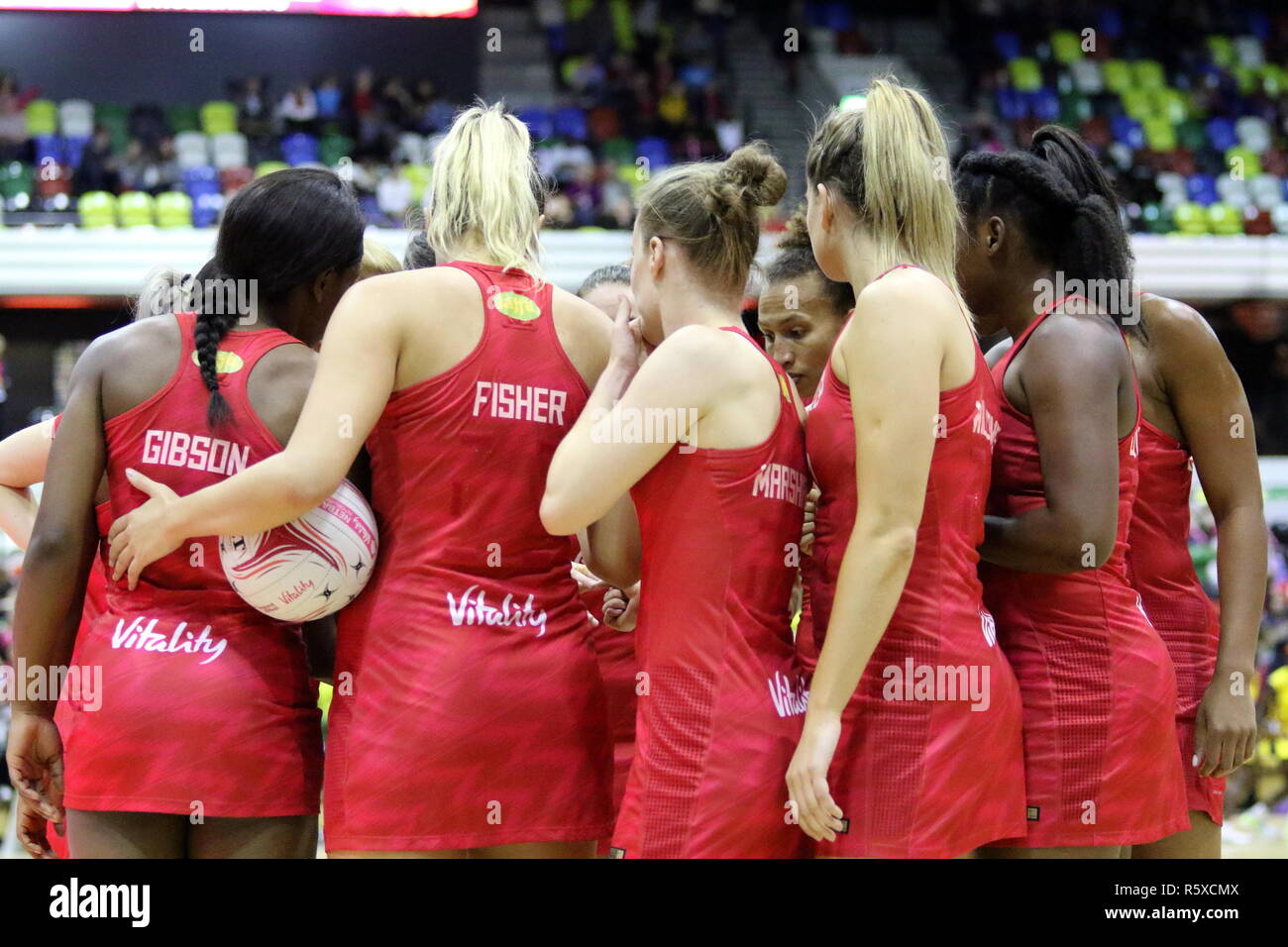 LONDON, UK. 2nd Dec, 2018. The Vitality Roses Squad group on court ahead of the Vitality Netball International Series match between England and Uganda at the Copper Box Arena on December 2, 2018 in London, England, UK Credit: Grant Burton/Alamy Live News Stock Photo