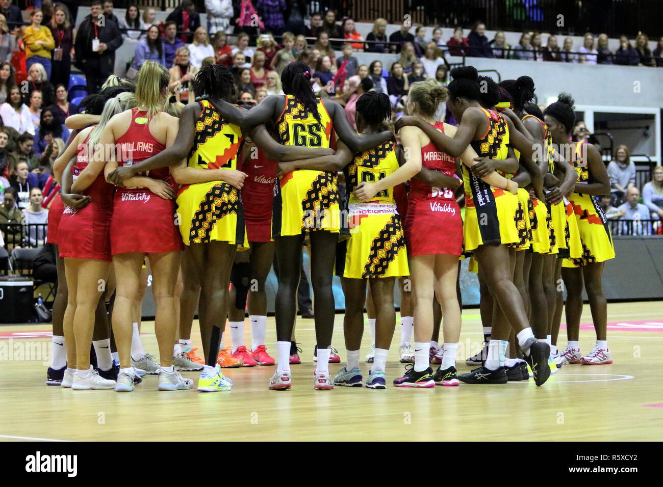 LONDON, UK. 2nd Dec, 2018. Teams group at the end of The Vitality Netball International Series match between England and Uganda at the Copper Box Arena on December 2, 2018 in London, England, UK Credit: Grant Burton/Alamy Live News Stock Photo