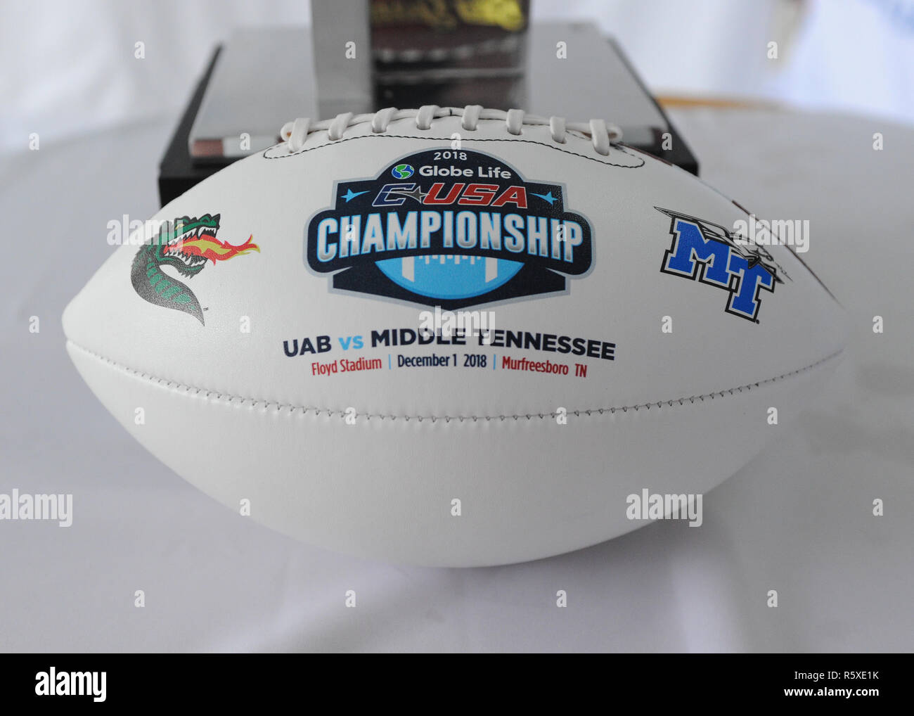 Murfreesboro, TN, USA. 01st Dec, 2018. The game ball displayed at the C-USA Football Championship game between the Middle Tennessee Blue Raiders and the University of Alabama Birmingham Blazers at Johnny Floyd Stadium in Murfreesboro, TN. UAB defeated Middle Tennessee, 27-25. Kevin Langley/CSM/Alamy Live News Stock Photo