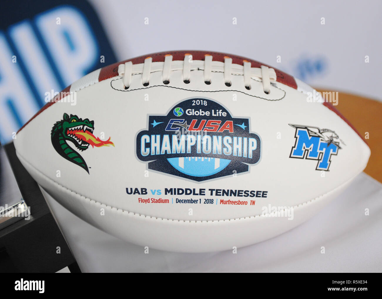 Murfreesboro, TN, USA. 01st Dec, 2018. The game ball displayed at the C-USA Football Championship game between the Middle Tennessee Blue Raiders and the University of Alabama Birmingham Blazers at Johnny Floyd Stadium in Murfreesboro, TN. UAB defeated Middle Tennessee, 27-25. Kevin Langley/CSM/Alamy Live News Stock Photo
