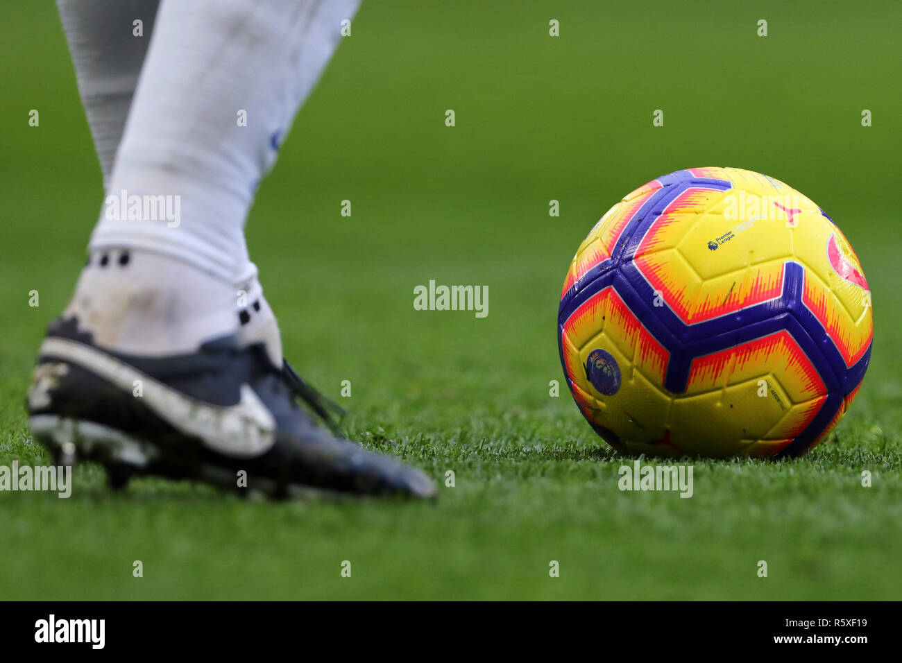 London, UK. 02nd Dec, 2018. Official Nike matchball featuring the Premier  League badge in the rainbow colours supporting the Stonewall Rainbow Laces  campaign - Chelsea v Fulham, Premier League, Stamford Bridge, London -