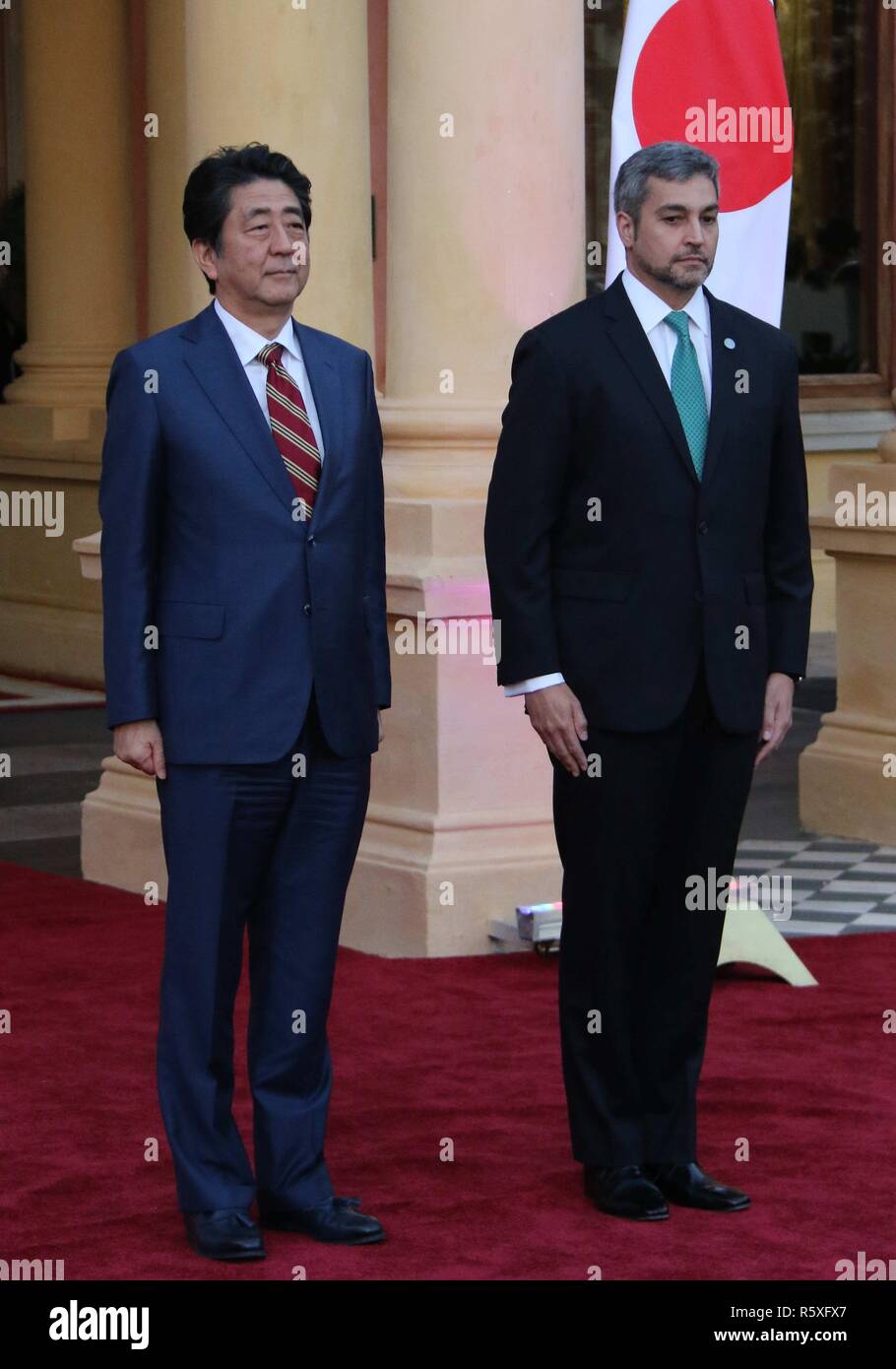 Asuncion Paraguay 02nd Dec 2018 Paraguayan President Mario Abdo Benitez R Welcomes Japanese Prime Minister Shinzo Abe As He Arrives At The Government Palace In Asuncion Paraguay 02 December 2018 For An
