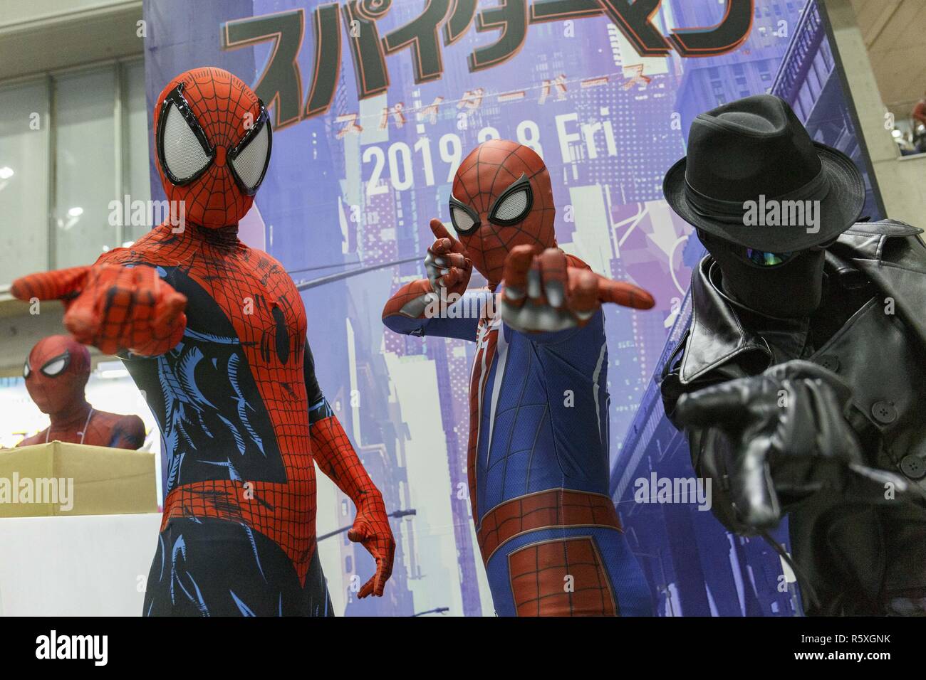 Chiba, Japan. 2nd Dec, 2018. Cosplayers dressed as Spider-Man pose for a photograph during the Tokyo Comic Con 2018 at Makuhari Messe International Exhibition Hall in Chiba. Organizers expect approx. 50,000 visitors during the third annual edition of Tokyo Comic Con which is taking place from November 30 to December 2. Credit: Rodrigo Reyes Marin/ZUMA Wire/Alamy Live News Stock Photo