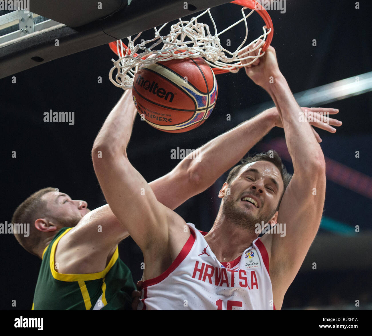 Vilnius, Lithuania. 2nd Dec, 2018. Miro Bilan (R) of Croatia competes during the FIBA World Cup Qualifiers match between Lithuania and Croatia in Vilnius, Lithuania, on Dec. 2, 2018. Lithuania won 79-62. Credit: Alfredas Pliadis/Xinhua/Alamy Live News Stock Photo