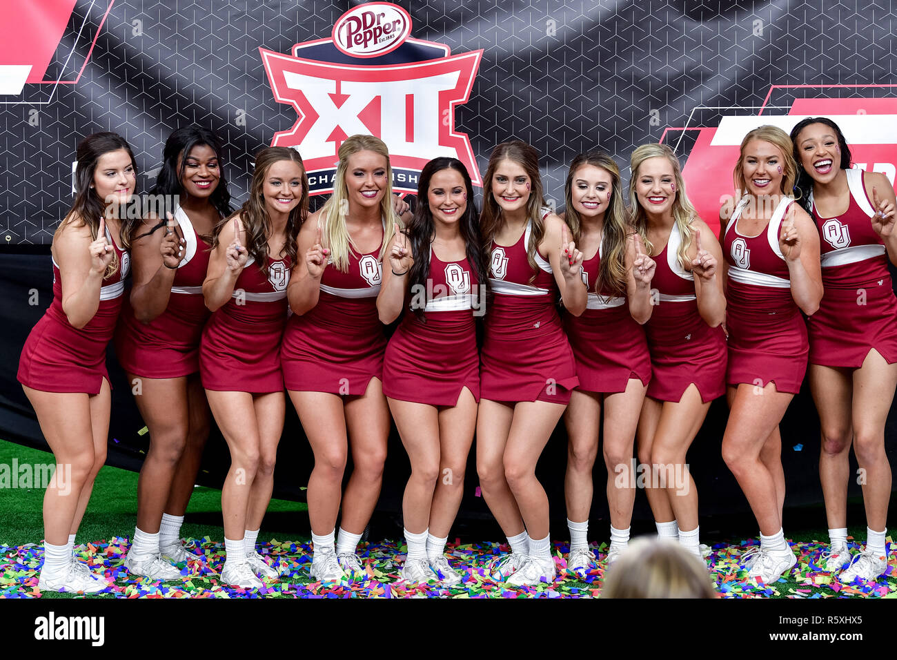 Oklahoma cheerleaders celebrate after the Dr. Pepper Big12