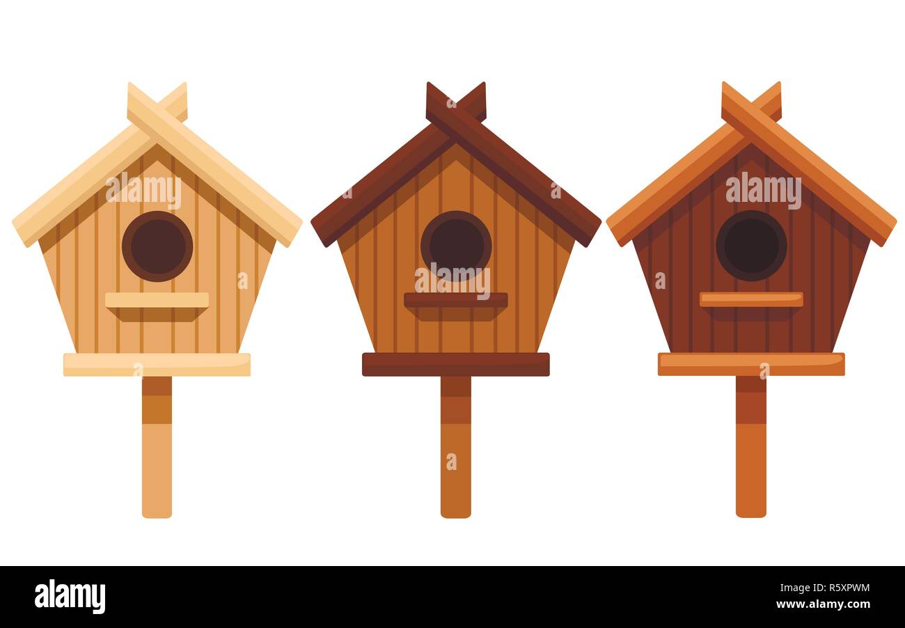 Set of wooden bird house. Nesting box from different types of wood. Flat vector illustration isolated on white background. Stock Vector