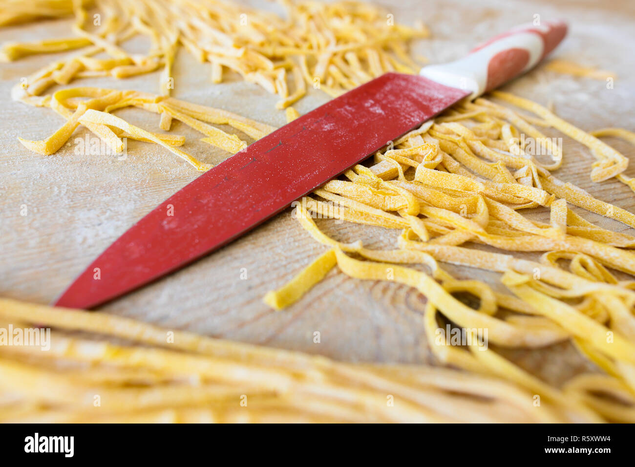 (selective focus) Fresh pasta called 'Fettuccine' made from fresh eggs