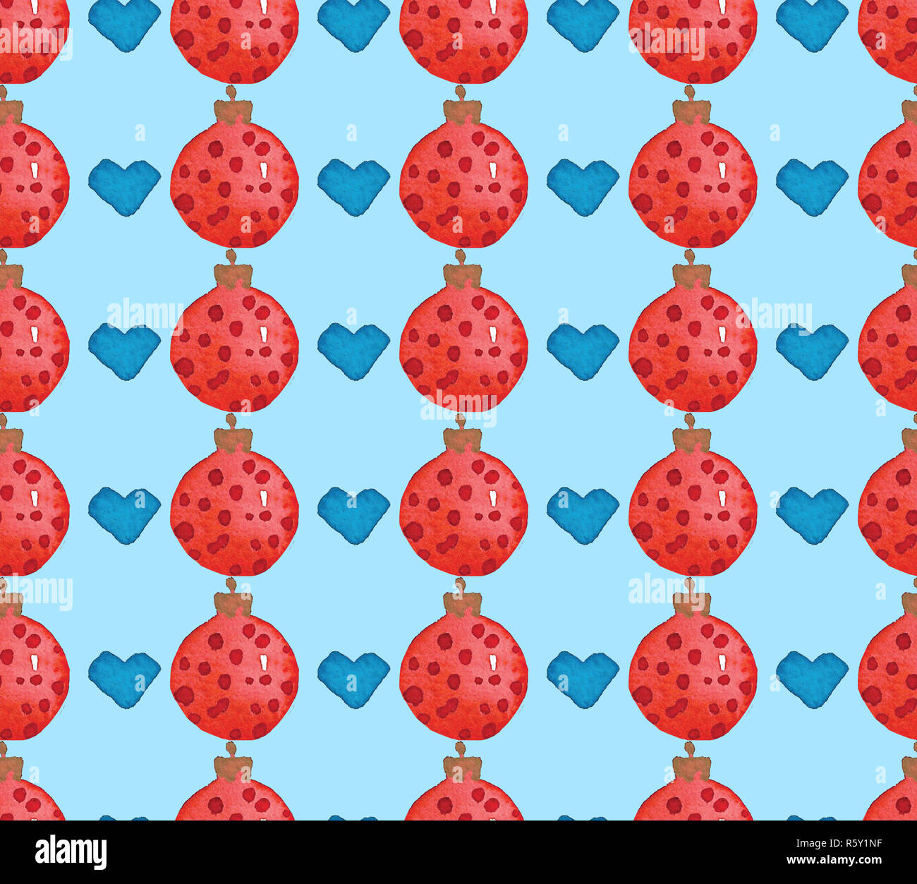 Christmas watercolor seamless pattern with red balls and blue hearts ...