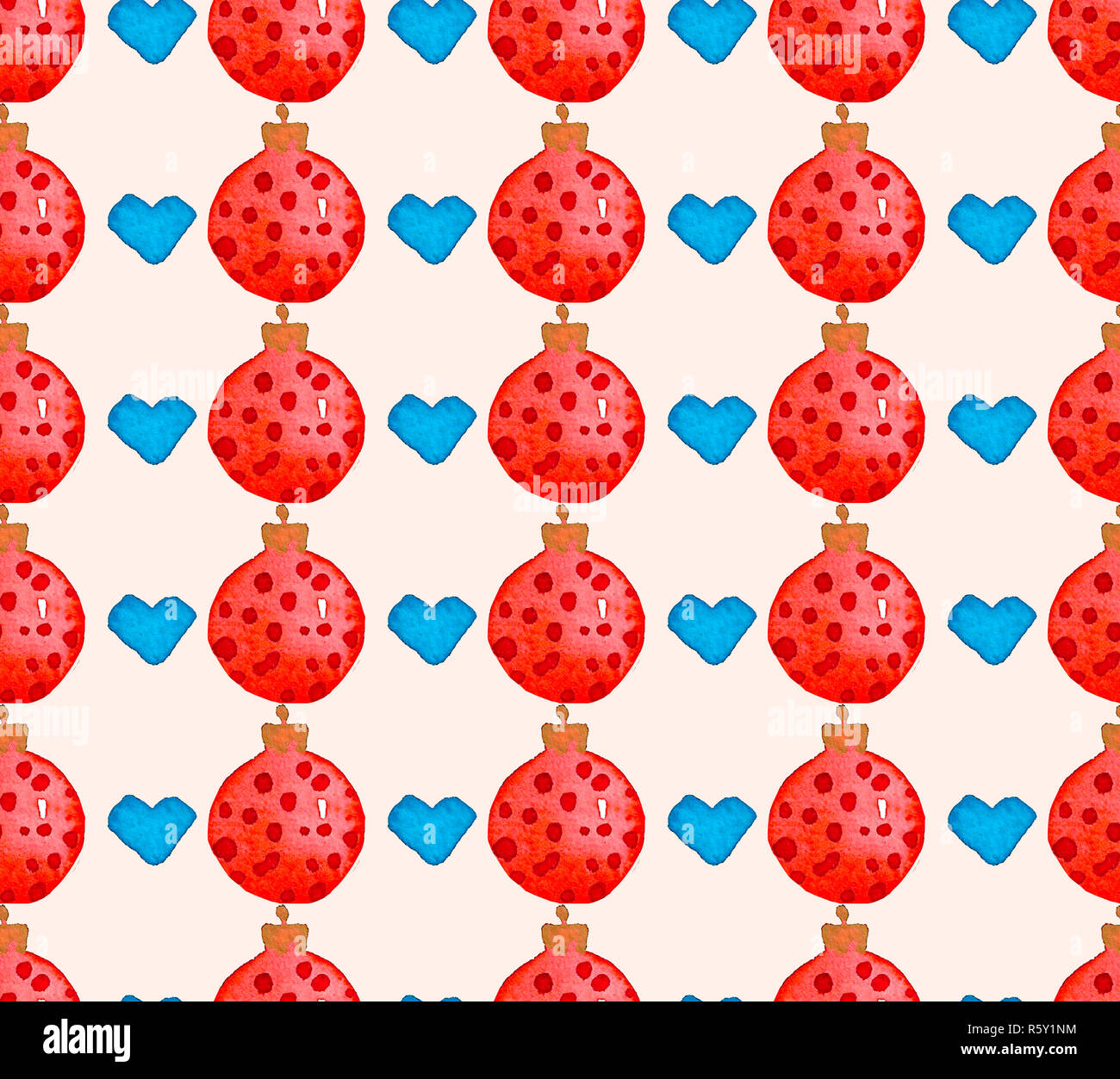 Christmas watercolor seamless pattern with red balls and blue hearts ...