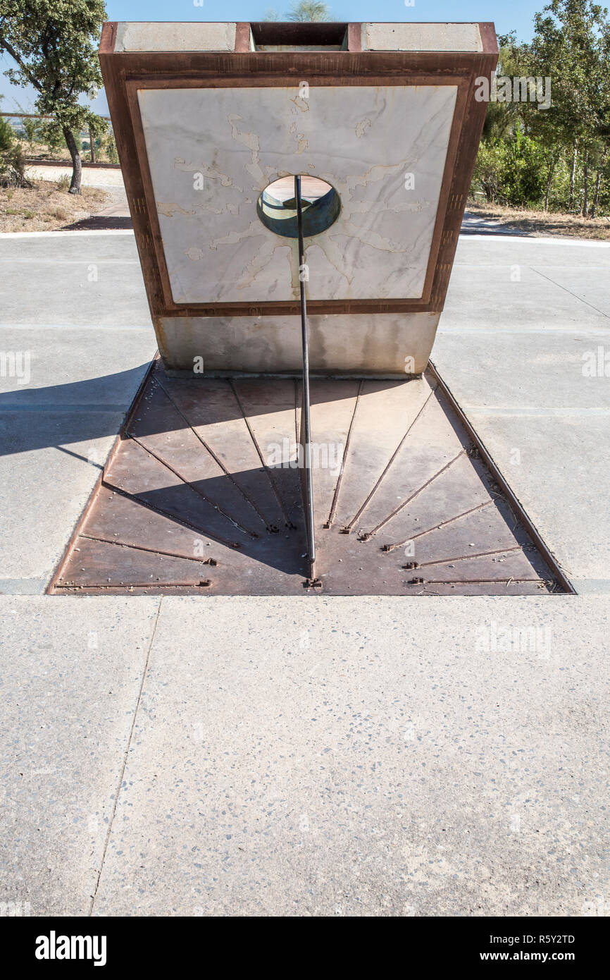 Antequera, Spain - July 10, 2018: Michael Hoskin Solar clock at entrance to Dolmen of Menga in Antequera. Stock Photo