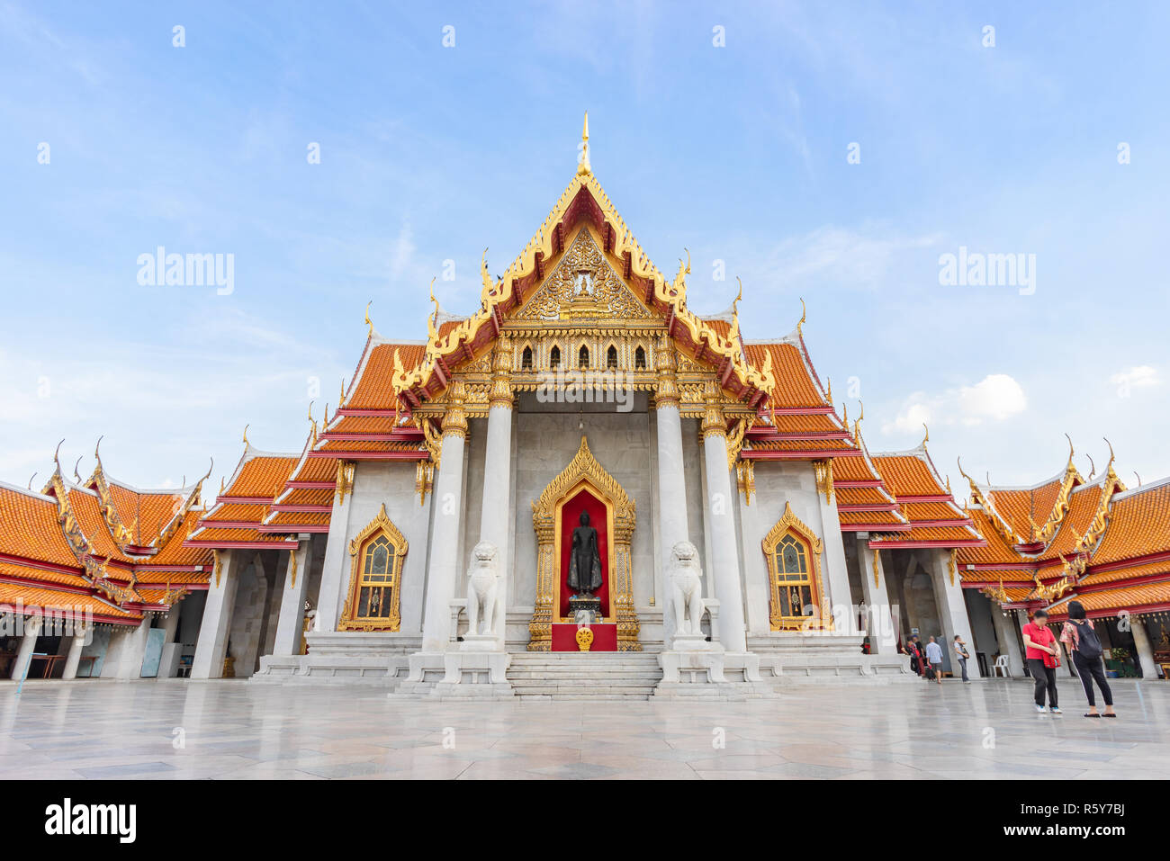 Thai Marble Temple (Wat Benchamabophit Dusitvanaram) with copy space in Bangkok, Thailand Stock Photo