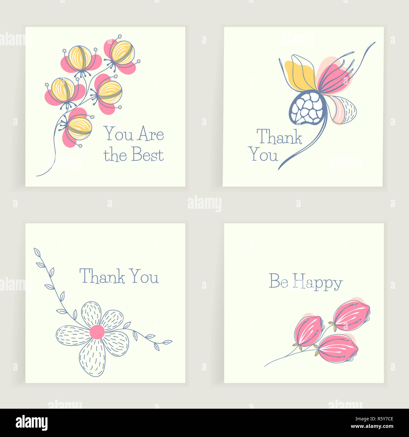 Four square cards with wishes. Hand drawn creative flowers. Colorful artistic background with blossom. Abstract herb Stock Photo