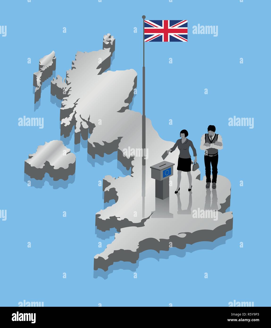 British voters are voting for Brexit over a United Kingdom map. All the objects, shadows and background are in different layers. Stock Vector