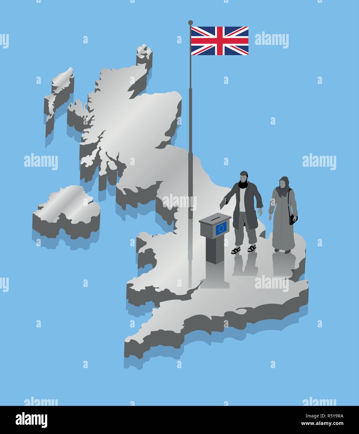 Religious muslim migrant voters are voting for Brexit over UK map. All the objects, shadows and background are in different layers. Stock Vector