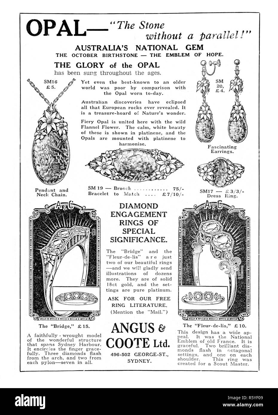 A 1932 Australian newspaper advertisement for opal jewellery by Angus & Coote Ltd. Stock Photo