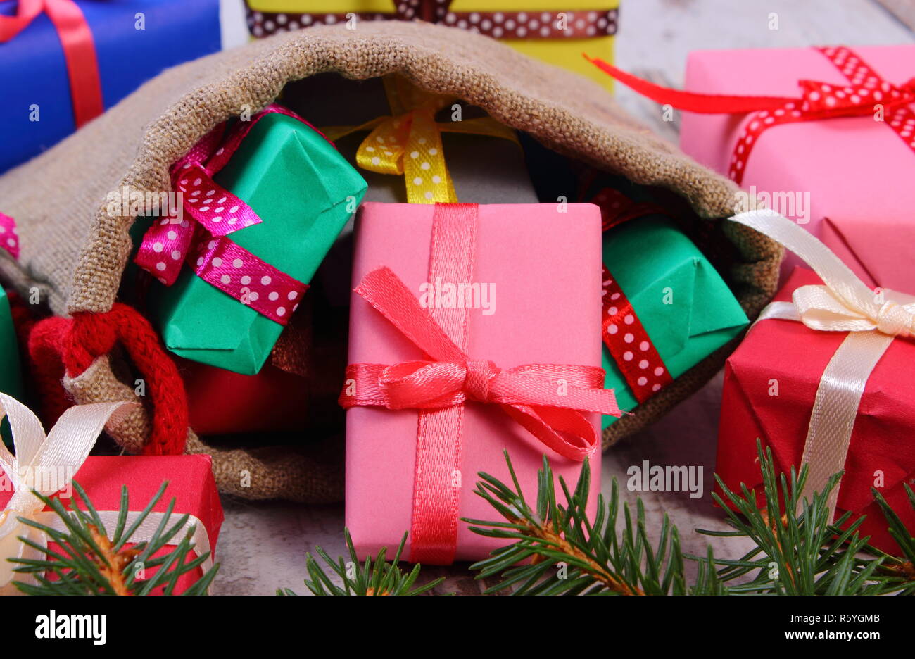 Wrapped Gifts For Christmas Birthday Or Other Celebration In Jute