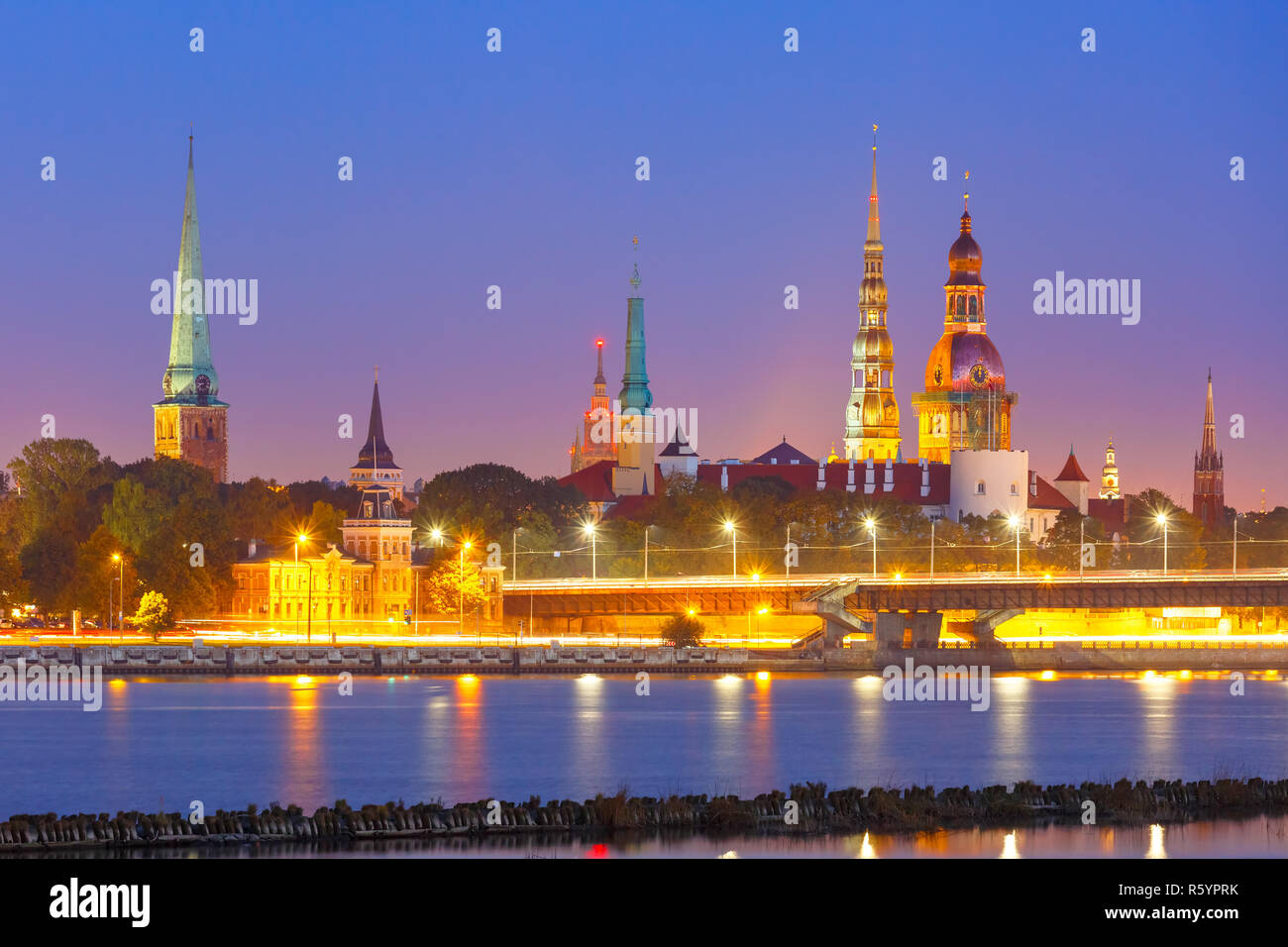 Old Town and River Daugava at night, Riga, Latvia Stock Photo