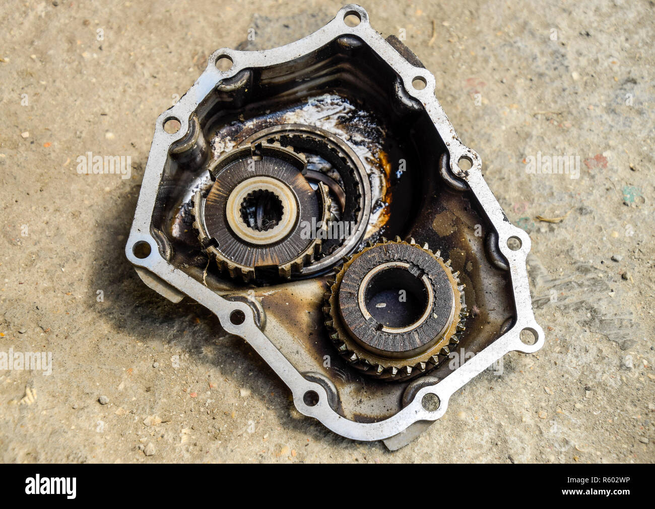 Dismantled box car transmissions. Gear with bearings and gearbox Stock Photo